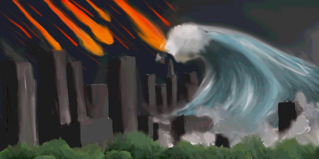 Waves crash upon the shores of New York in this 2012 piece of art. The theory of the world coming to an end clearly presented by the catastrophic natural disaster.