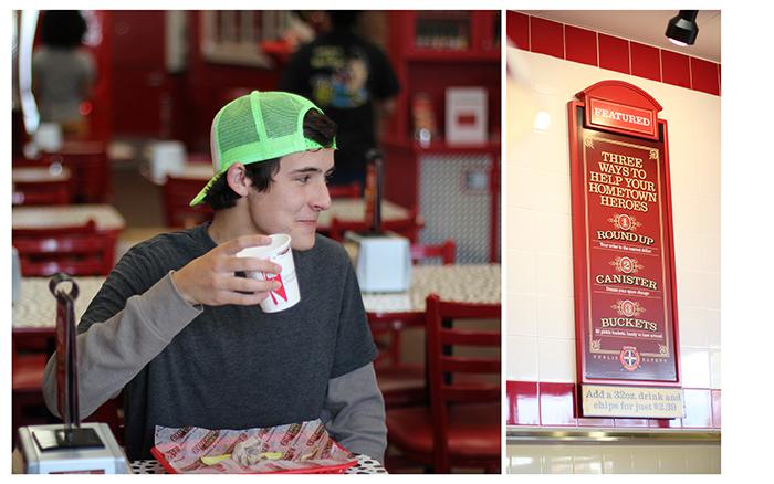 (Left) Senior Andrew Allan enjoys a Firehouse Sub on an early day. (Right) Among the bright red firefighter decor, the sub shop has a sign with the ways that their customers can help donate to buy lifesaving equipment. 