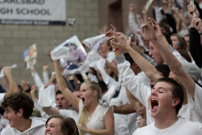 Carlsbad kids go crazy at the boys varsity basketball game on Friday, Feb. 8 after remaining silent for the first nine points of the game.  The boys played a close game and lost to Vista by one point, 48-47, in overtime.