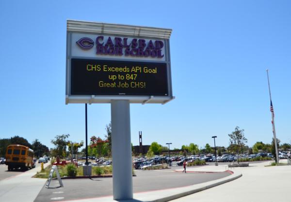 The newest addition to our campus is our school marquee. Representing new school announcements, it mentions every five seconds or so, our recent API score which is 847. Our new goal, along with our new slogan is Lets be great. Make it 858!