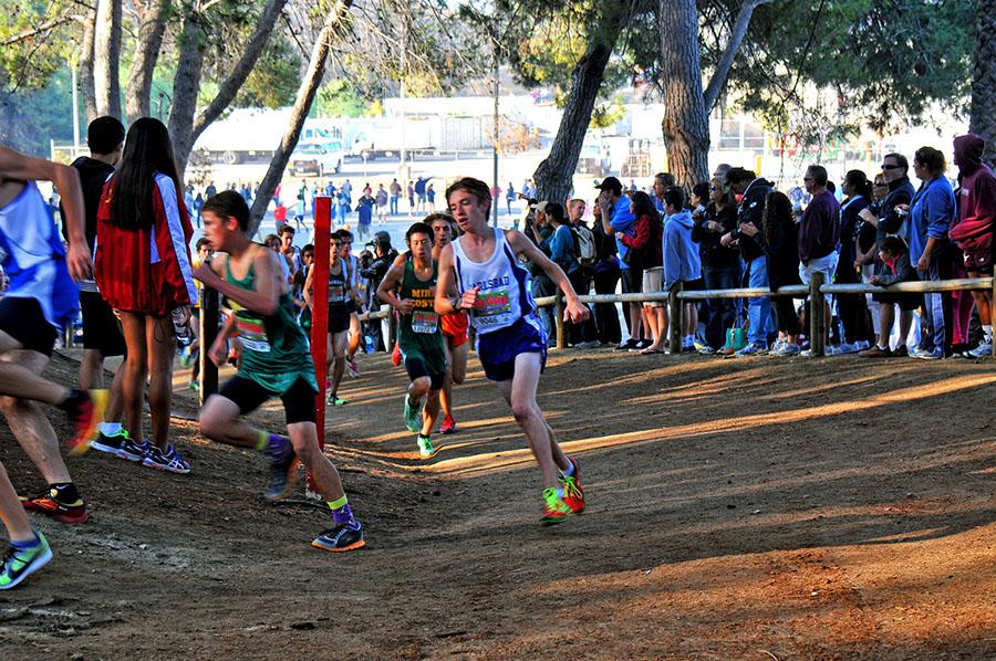 Junior Jack Conklin races up the first hill at the Mt. SAC invitational on Oct. 26. At one of the largest cross country invitationals in the world, Conklin ran 2.93 miles in 16:35, placing 79th in his race.