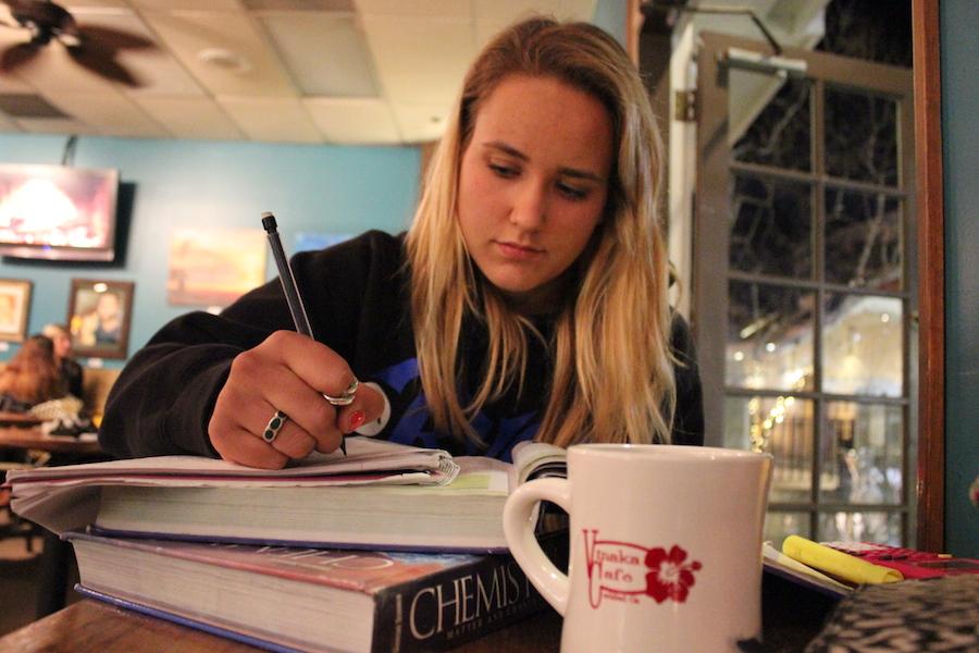 Junior, Kamden Maas, studies at Vinakas Cafe. Vinakas offers a quiet and relaxing environment for students to work in. This cafe is a top study spot amongst students at CHS. 