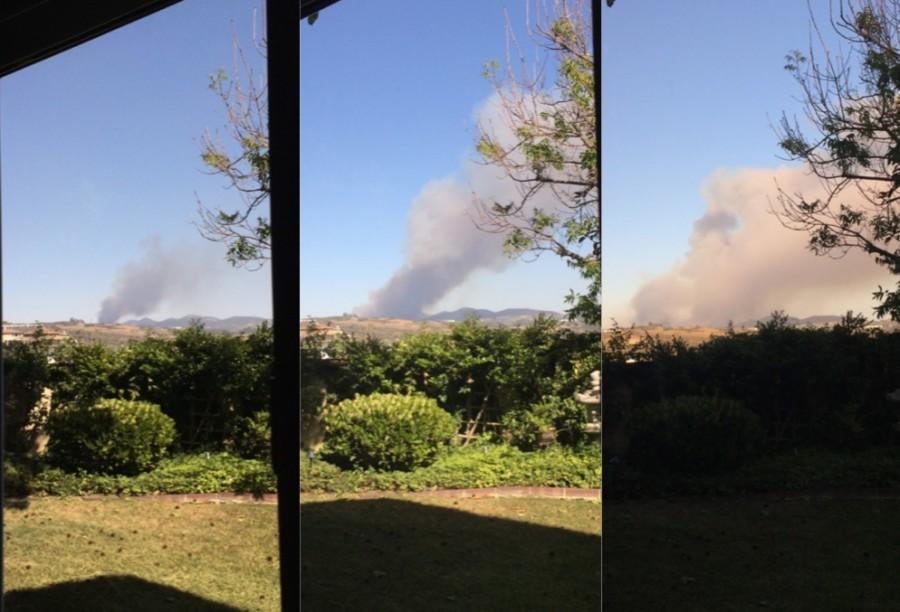 Three photos show the progression of the Cocos fire which started near Cal State San Marcos on May 14.