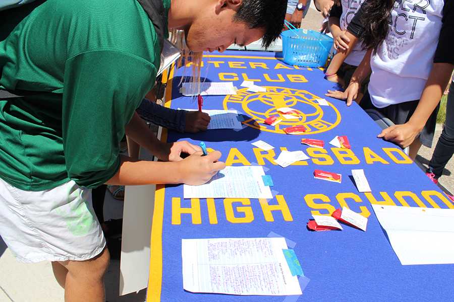 A student from CHS signs up for Interact Club. The club fair gives students a chance to be more involved in the Carlsbad High School community.