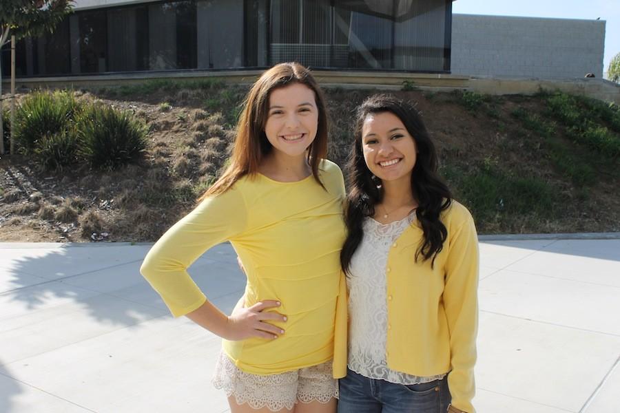 ASB  students, Maria Rojas and Briette Pietrocini, wear yellow on Monday in support of Yellow Ribbon Week. The purpose of this spirit week is to raise suicide awareness and encourage kids to open up to those they trust about any hardships they may be enduring. 