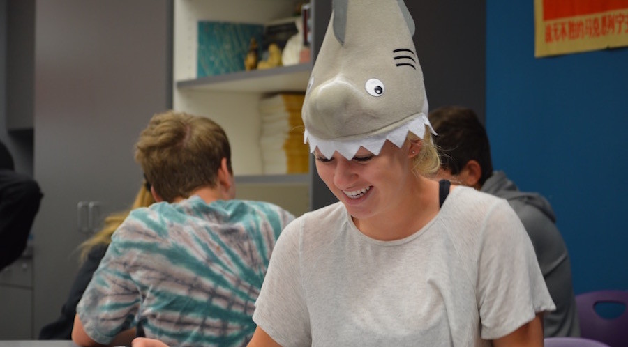 Jamie Mullen (10) shows her spirit during red ribbon week by wearing a shark costume. On Friday students were encouraged to wear their Halloween costumes to support a substance free life style.