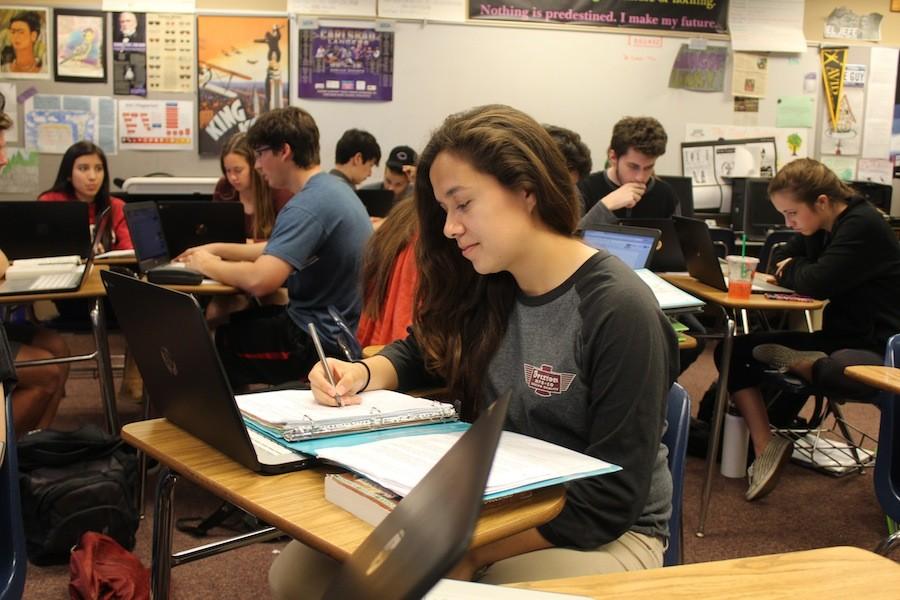 Senior Marisol Villalpando works in Mr. Spaniers English 4 AP class. These students carry a heavy workload and develop themselves as writers. 