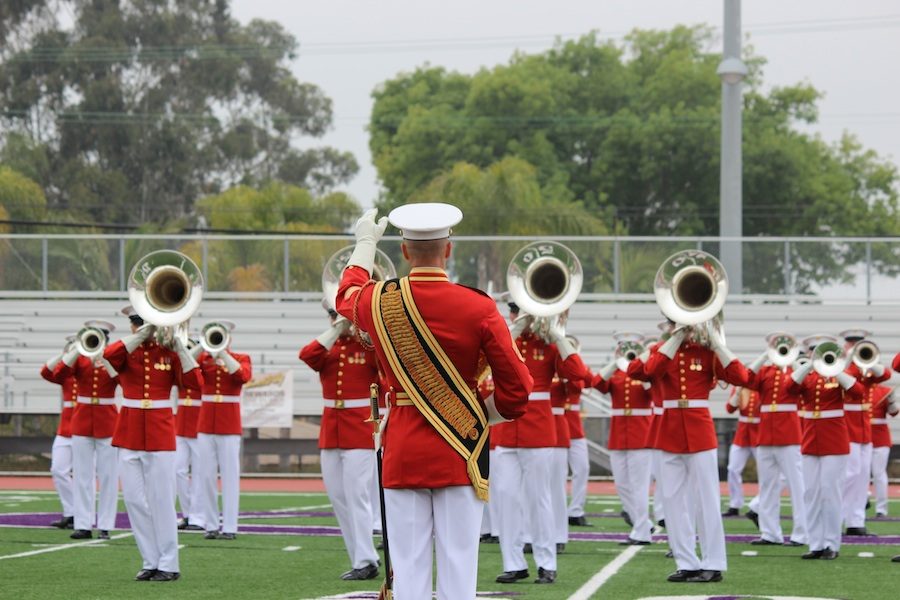 The USMCs Drum and Bugle Corps  open the Battle Color Ceremony for Carlsbad High School  on Mar.11.