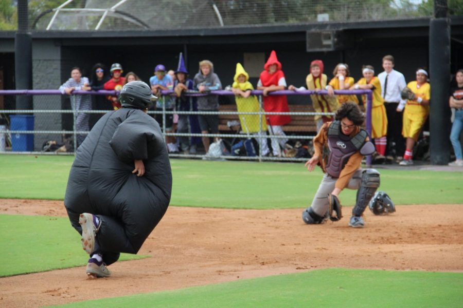 Sophomore Jagger Cadman running into home plate in the Halloween costume scrimmage. This scrimmage is something to look forward to for all baseball P.E. students.