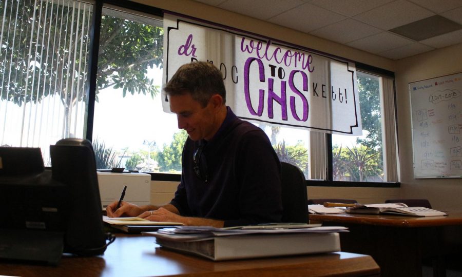 Mr. Brockett doing desk work to improve CHS. He has been a vice principal at Valley Middle School and the principal Aviara Oaks Middle School.