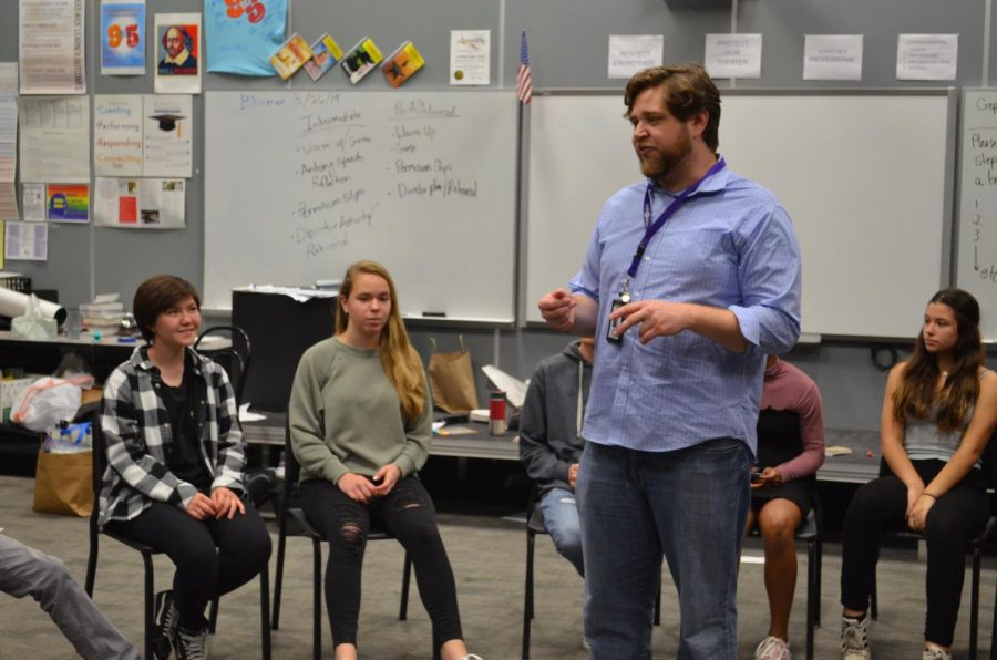Theatre Director  Mr. Blumer lectures in the middle of a circle of his students. Blumer is always having the students play interactive games to keep the class interesting.
