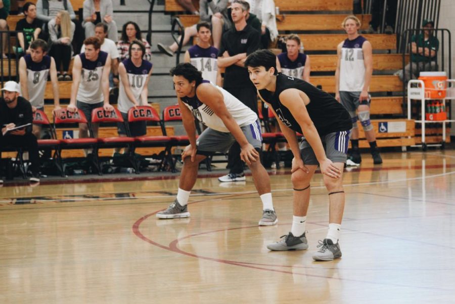 Senior Duke Paane and Junior Derick Valdez get ready to return a serve.  The game was incredibly close with Poway winning in the fifth set 16-14.