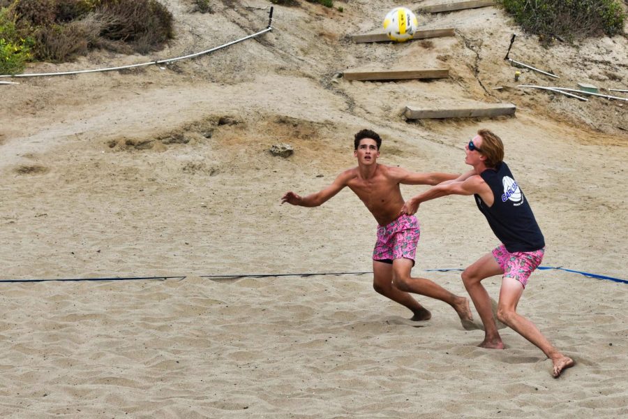 Juniors Drue Fourmont and Bodey Payne get ready to return a serve from their opponents. Carlsbad ended up loosing to San Dieguito Academy, but both teams played well.