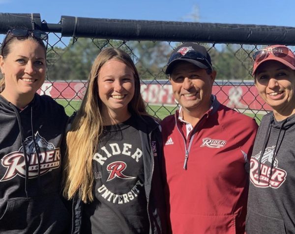 Senior Kennedy Jarrard with the coaching staff at Rider University in New Jersey. Jarrard has committed to play short stop for the east coast school. 