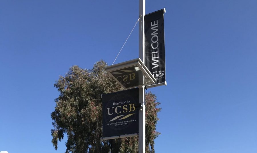 University of California Santa Barbaras welcome flag on campus