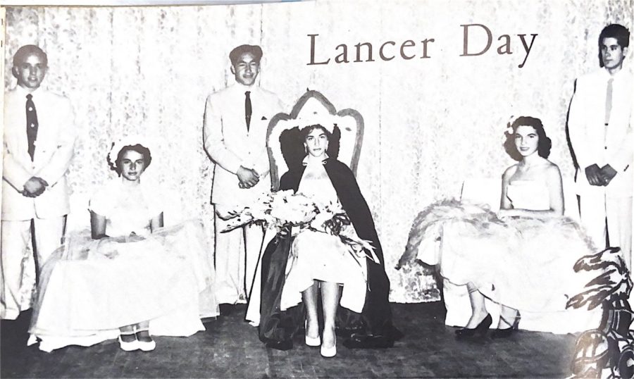 The first Lancer day in 1958 with queen Judy Collins and her princesses Natalie Vermilyea, Betty Bowman, and Jeannette Gastelum. 