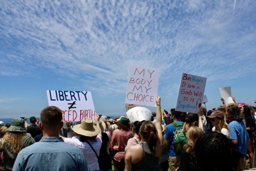 Demonstrators congregated on the Pine Street ocean overlook opposing the Supreme Courts leaked draft to overturn Roe. Protests like this occurred throughout the US on May 14, 2022.
