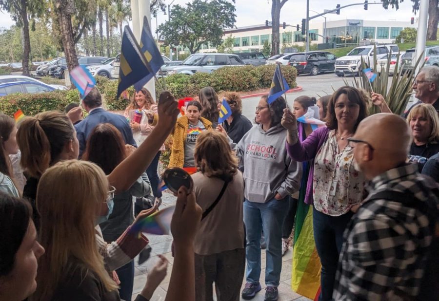 On+May+25%2C+Carlsbad+community+members+gathered+outside+the+District+Office+to+show+support+for+displaying+the+Pride+flag.+