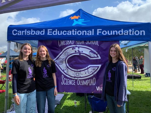 From left to right; graduate Cate Maynard and sophomores Anna Maynard and Lily ONeill represent Science Olympiad for the Carlsbad Educational Foundation.