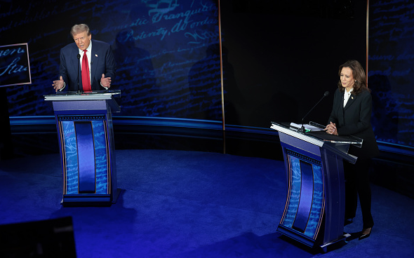 PHILADELPHIA, PENNSYLVANIA - SEPTEMBER 10: Republican presidential nominee, former U.S. President Donald Trump and Democratic presidential nominee, U.S. Vice President Kamala Harris debate for the first time during the presidential election campaign at The National Constitution Center on September 10, 2024 in Philadelphia, Pennsylvania. After earning the Democratic Party nomination following President Joe Biden's decision to leave the race, Harris faced off with Trump in what may be the only debate of the 2024 race for the White House. (Photo by Win McNamee/Getty Images)