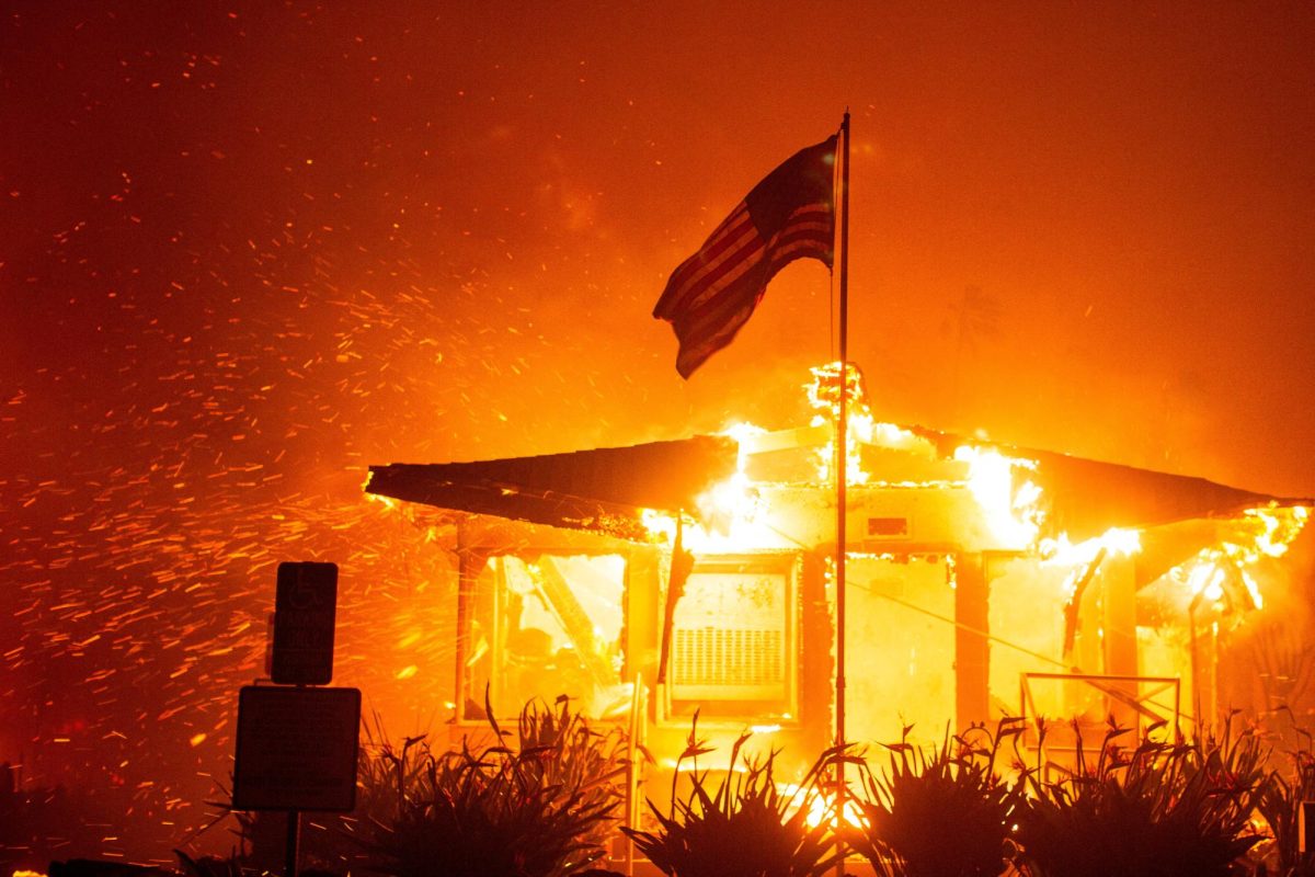 A U.S flag flies as fire engulfs a structure while the Palisades Fire burns during a windstorm on the west side of Los Angeles, California, U.S. January 7, 2025. REUTERS/Ringo Chiu     TPX IMAGES OF THE DAY