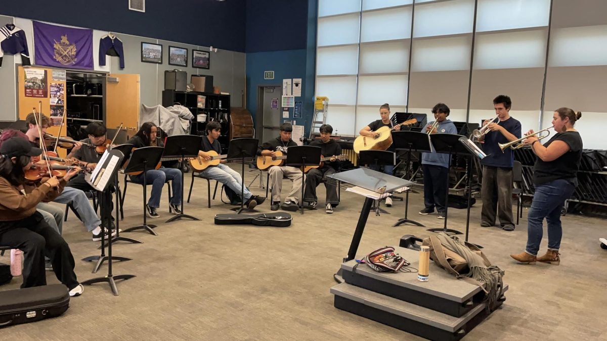 The Mariachi club practices in the band room. Kristen Allen-Benes is pictured in the middle-right playing the guitarrón as they practice.